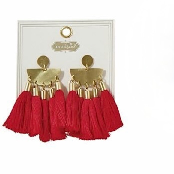 Mud Pie Red Tassel Fringe Earrings in Poinsettia - Picture 7 of 7